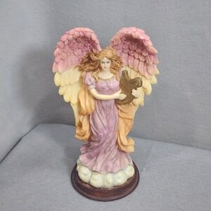 Vintage Angel Musical Figurine Pink Wings Harp Resin Statue 9.5in WORKS